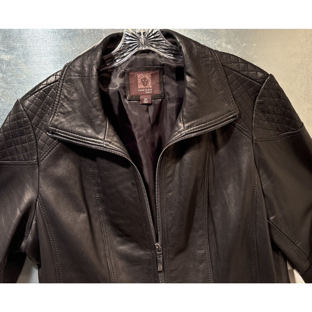 "Anne Klein Coat" Moto Jacket 2X Black 100% Leather Quilted Shoulders Full Zip - Picture 12 of 16